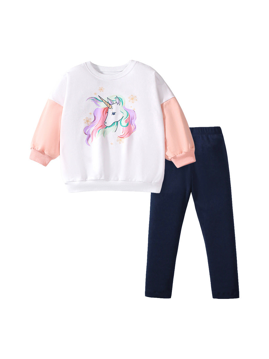 Spring And Autumn Girls Cartoon Unicorn Pattern Long Sleeves Crew Neck Top Sweatshirt And Pants Clothing Set-0